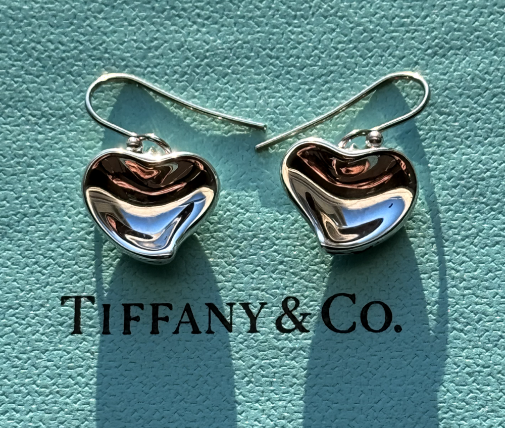 Tiffany & Co Elsa Peretti Earrings Dangle Full Heart Earwires Sterling Silver