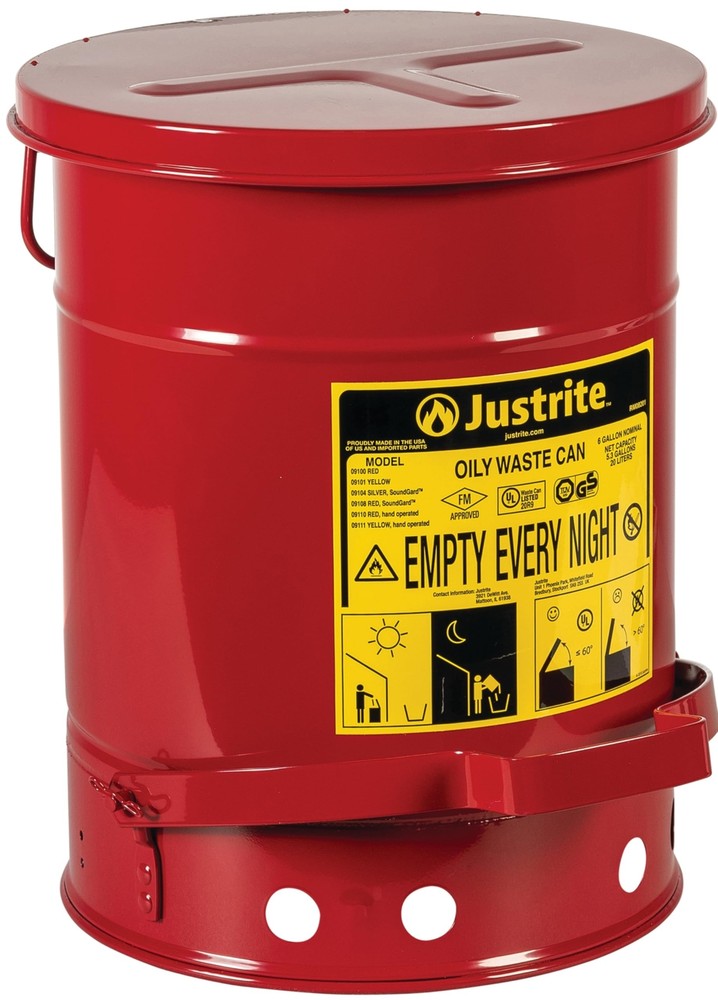 6 Gallon, Steel Oily Waste Can, Hands-Free, Self-Closing Cover, Red - 09100