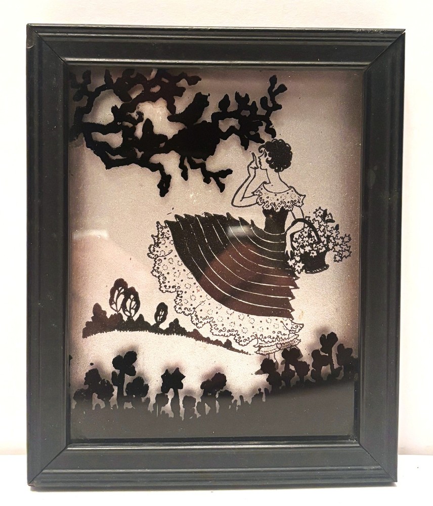 1930’s Painted Silhouette on Glass Victorian Girl Picking Flowers