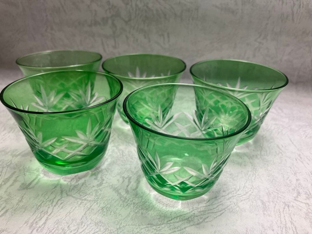 Edo Kiriko Green Kiriko Glass Sake Cup Inochi Set of 5 Some scratches and
