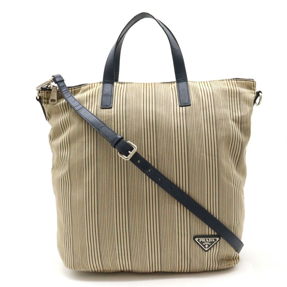 RARE Prada 2WAY Tote Shoulder Bag Beige Stripe Canvas Leather Handbag