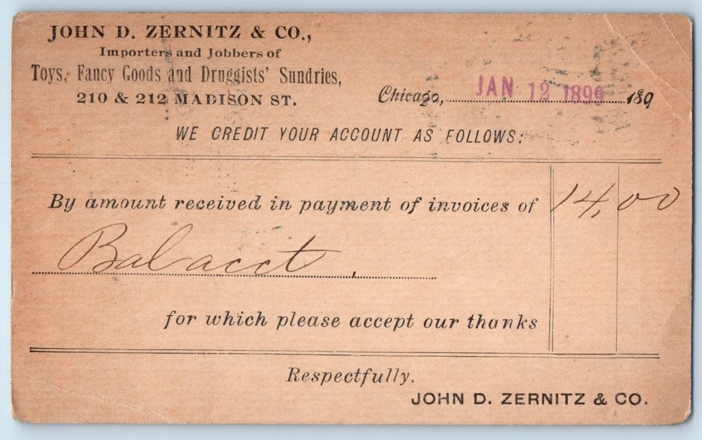1899 John D. Zernitz & Co Chicago Receipt Toys & Druggists Sundries Postal Card