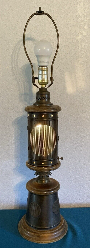 Vintage Nautical Lantern Table Lamp Brass Wood Dual Light