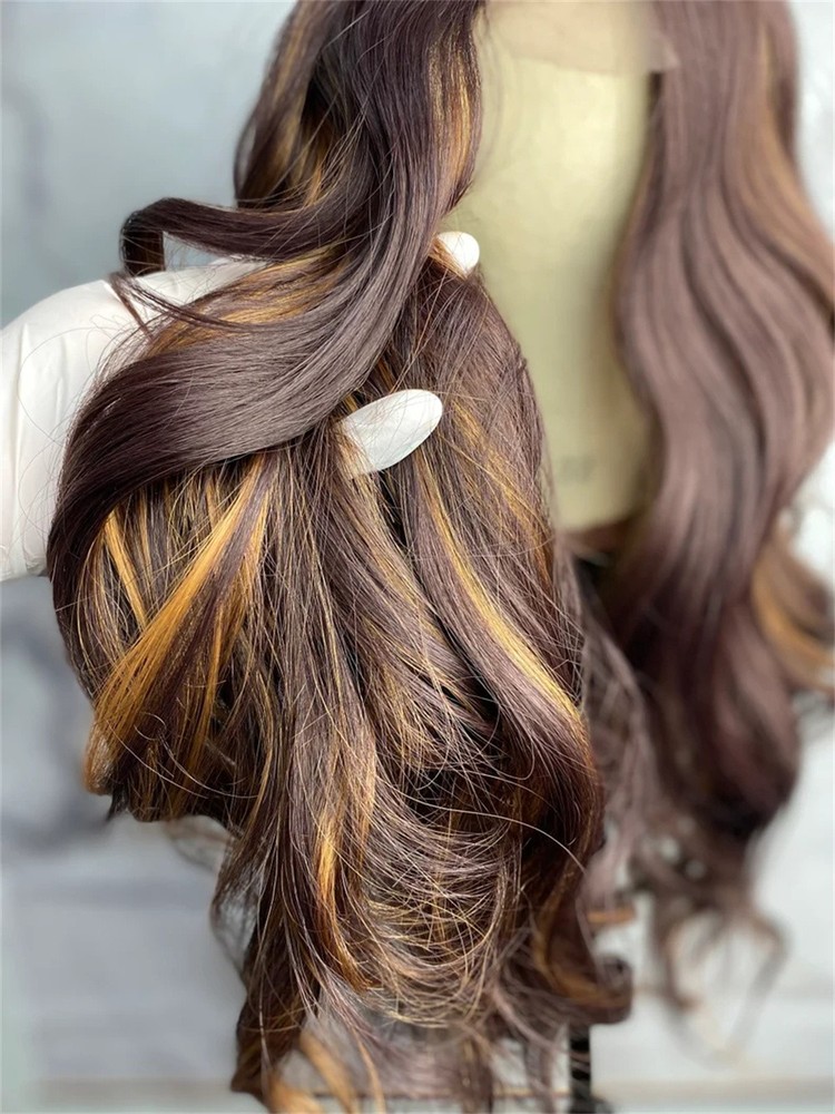 Dark Chocolate Brown Highlight Wig Wave 100% Human Hair 13x4 Lace Front Wigs