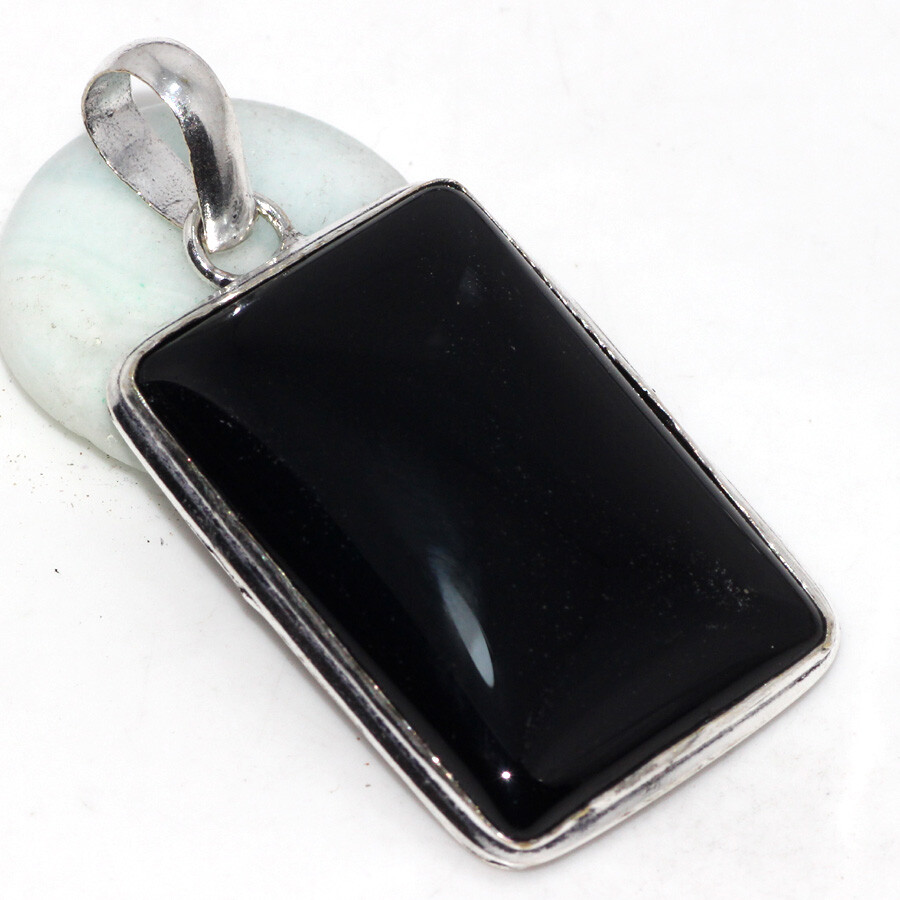 Stylish Black Onyx 925 Silver Plated Gemstone Handmade Pendant 2 Inches JW Jewelry