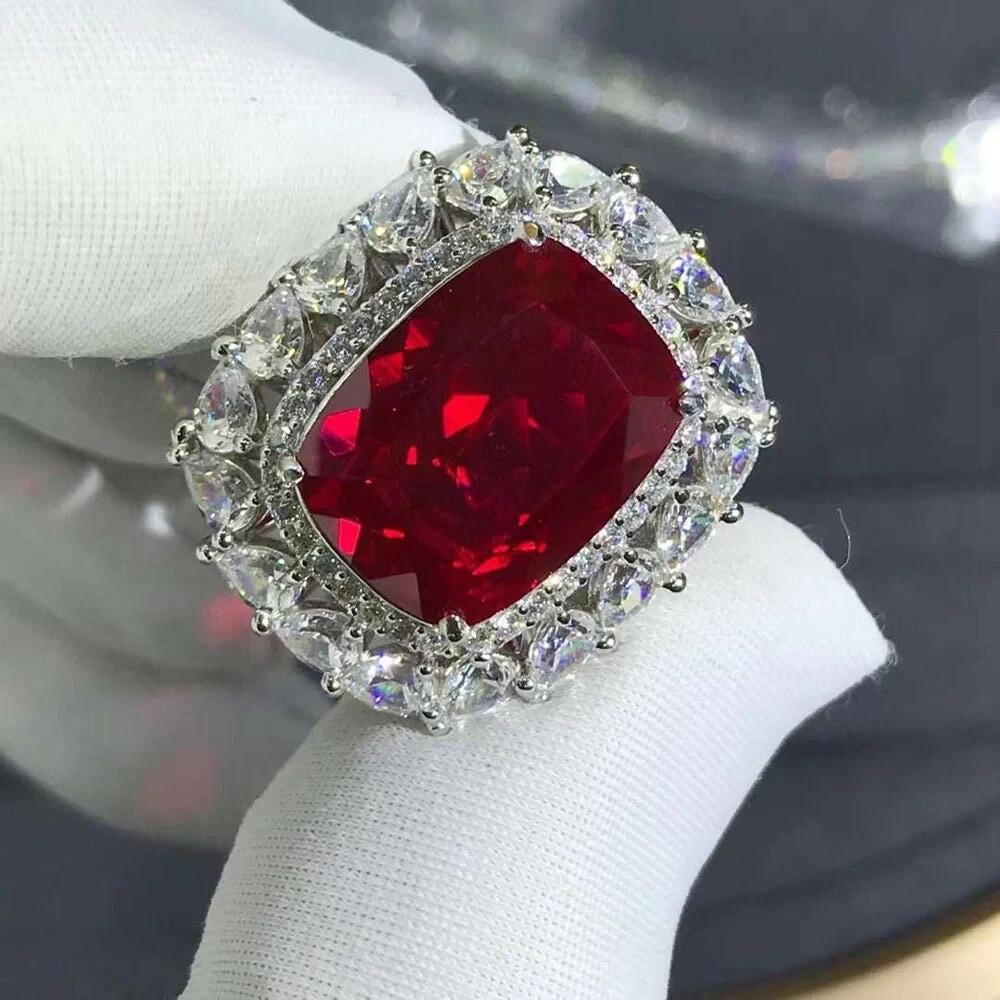 HUGE 15 Carat VVS Cushion cut Red Lab Grown Ruby Double Halo 10K Gold Ring