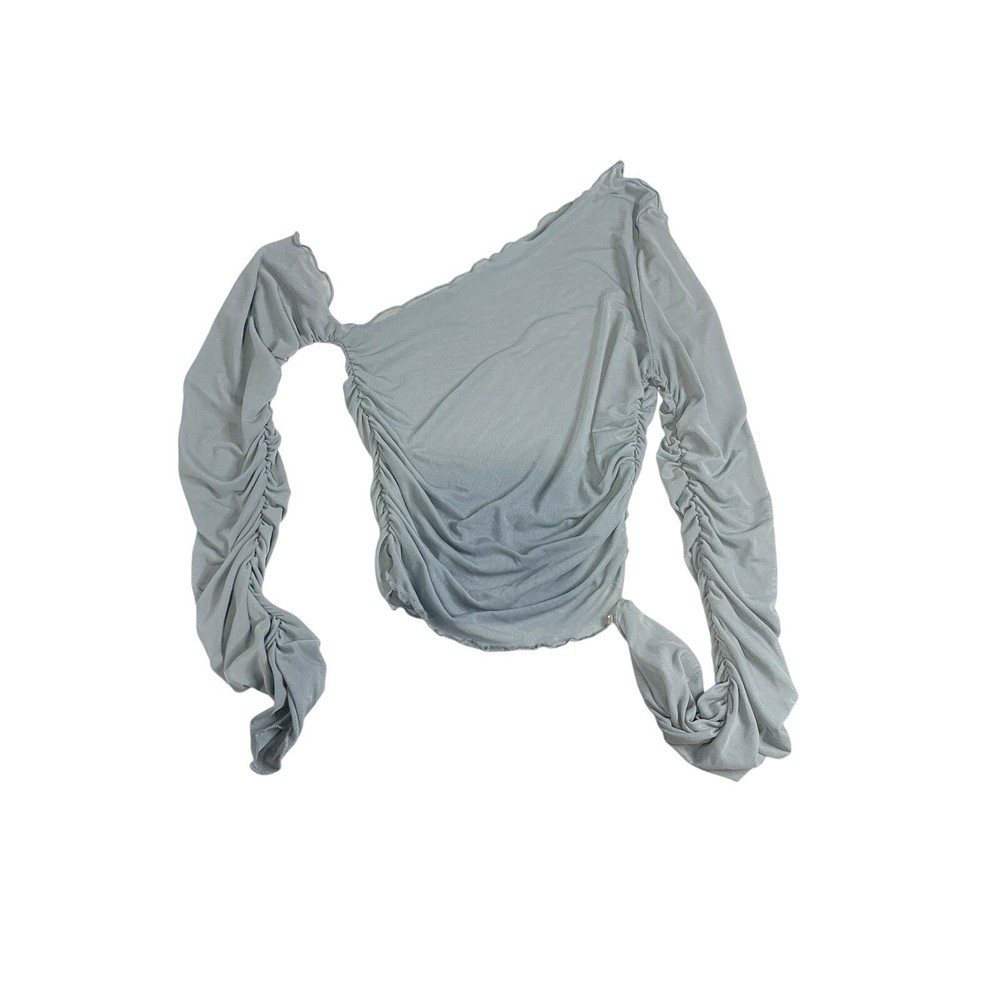 Mesh Off The Shoulder Blue Top S Y2K Sheer. Stretch Ruched Side Arm