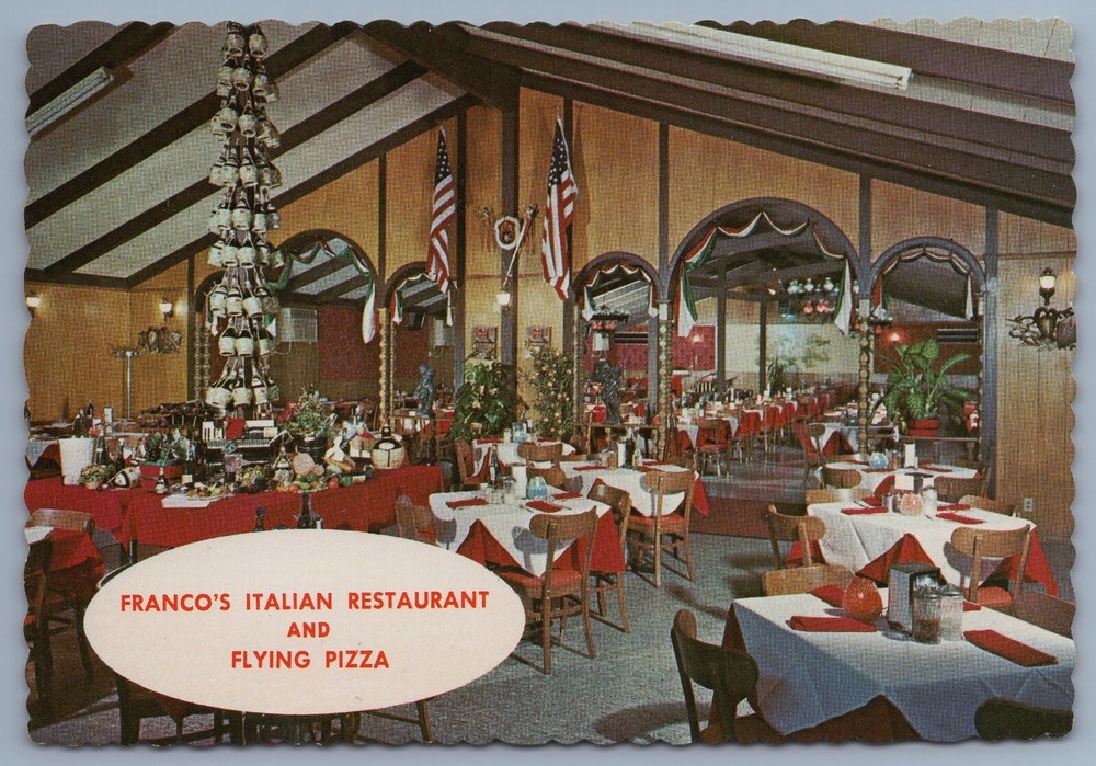 FRANCO'S ITALIAN RESTAURANT & FLYING PIZZA Houston Texas Flag Swords postcard C6