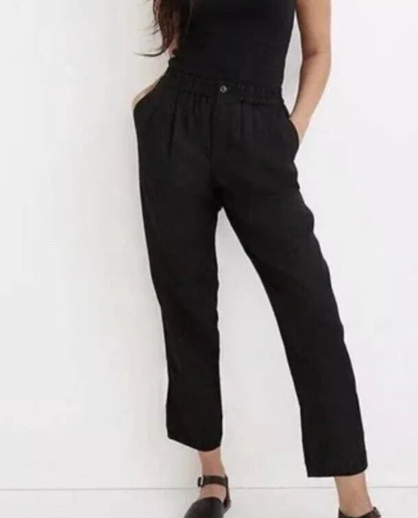 Madewell Black Linen Blend Track Trousers High Rise Size L Classic Resortwear