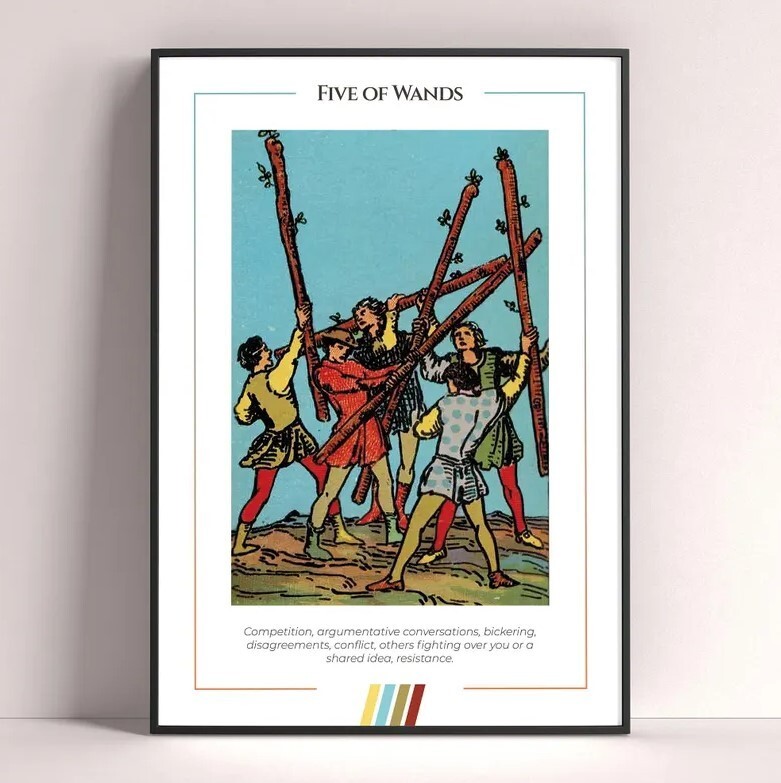 Five of Wands Tarot Card Art Print, Digital Download Tarot Poster