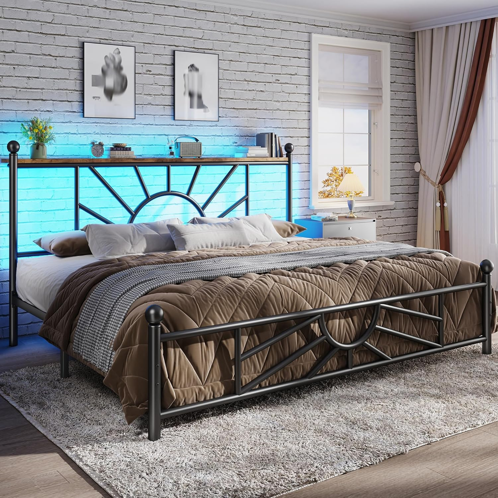 King Size Metal Platform Bed Frame with Classic Iron-Art Headboard & LED Light,
