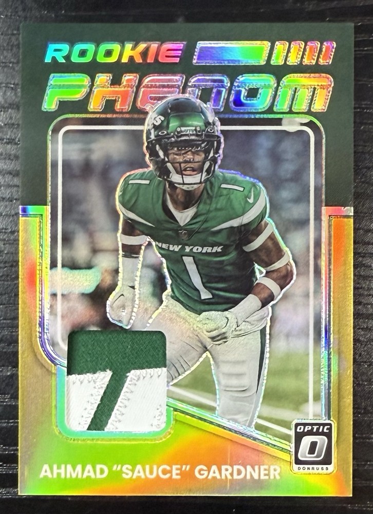 2022 Optic Ahmad Sauce Gardner Gold Prizm Patch 1/10 Jersey Number Rookie Phenom