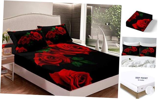 Rose Fitted Sheet Red Floral Print Bed Sheet Set Romantic Flower Twin Multi 24