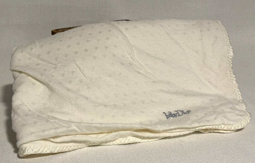 Vintage Baby Dior Off White Blanket USA Cotton Diamond Satin Trim 34 x 28