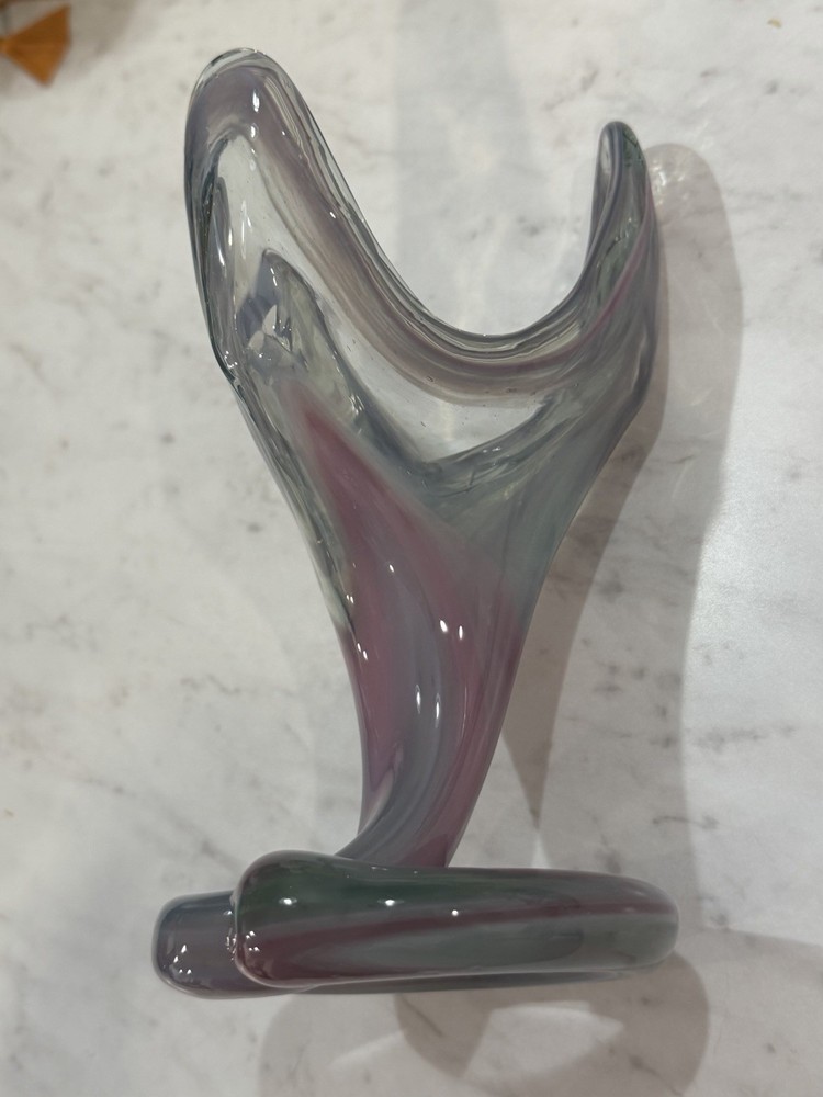 Vintage MCM Murano Style Hand Blown Swirl Bottom Pink Gray Art Glass Vase 6.5”