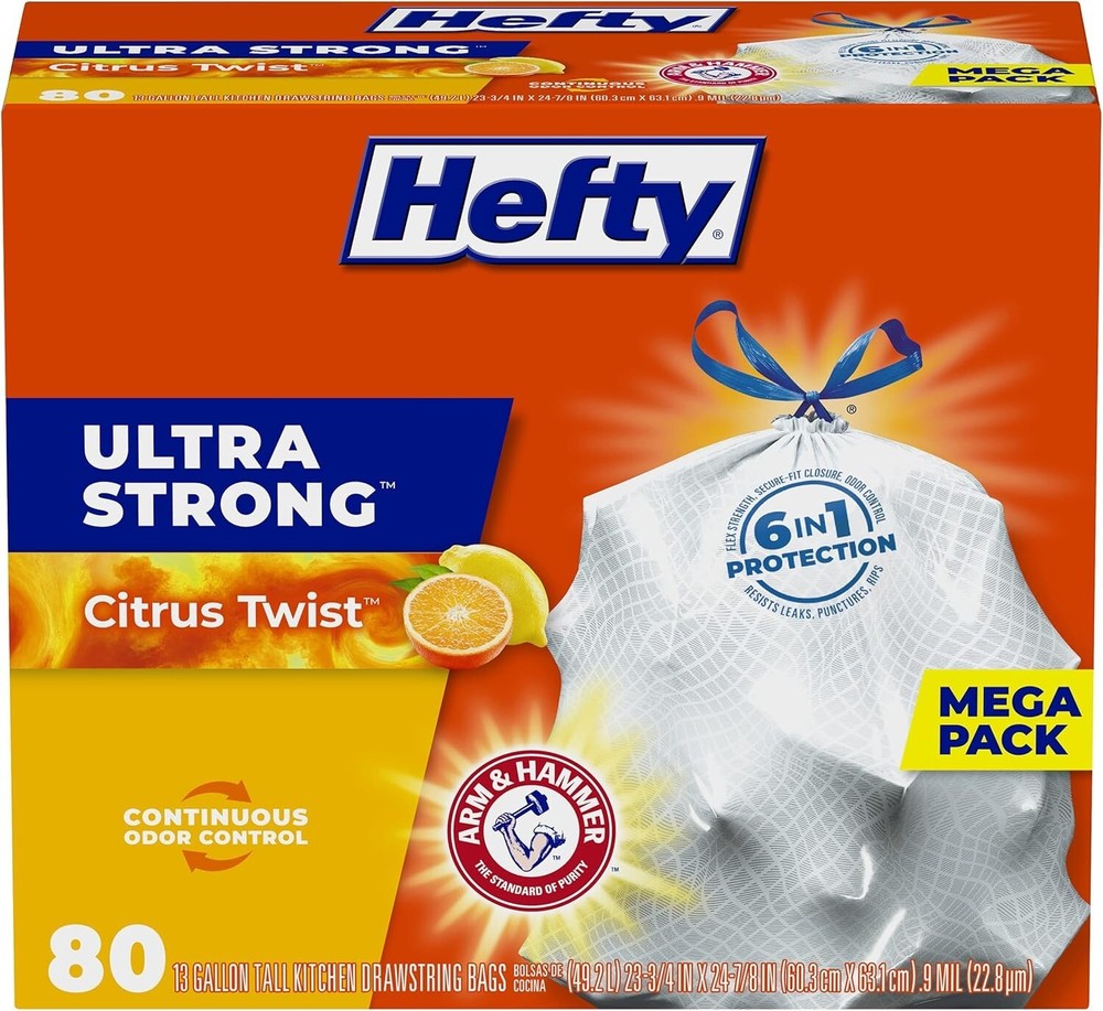 Hefty Ultra Strong Tall Kitchen Trash Bags, 13 Gallon Citrus Twist Scent, 80 CT