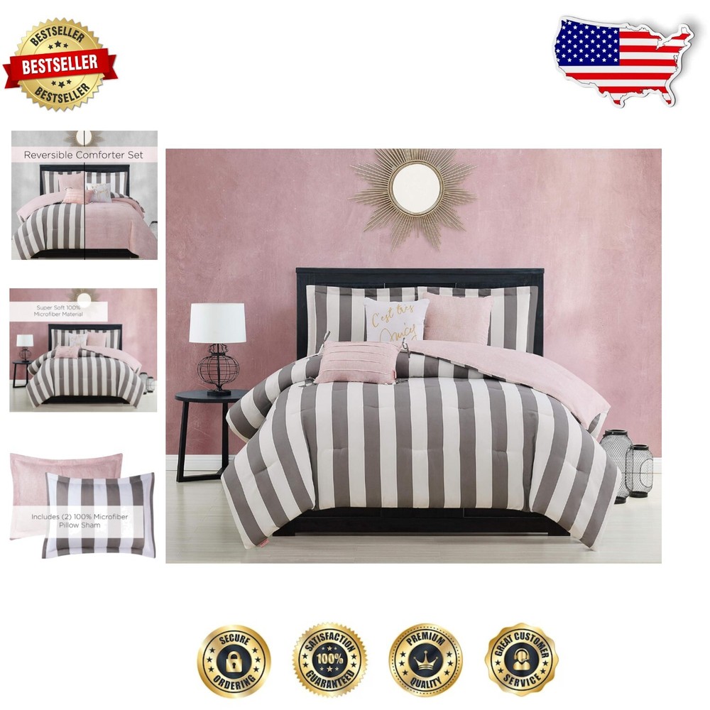 Elegant Grey White Stripe Reversible King Size Comforter Set
