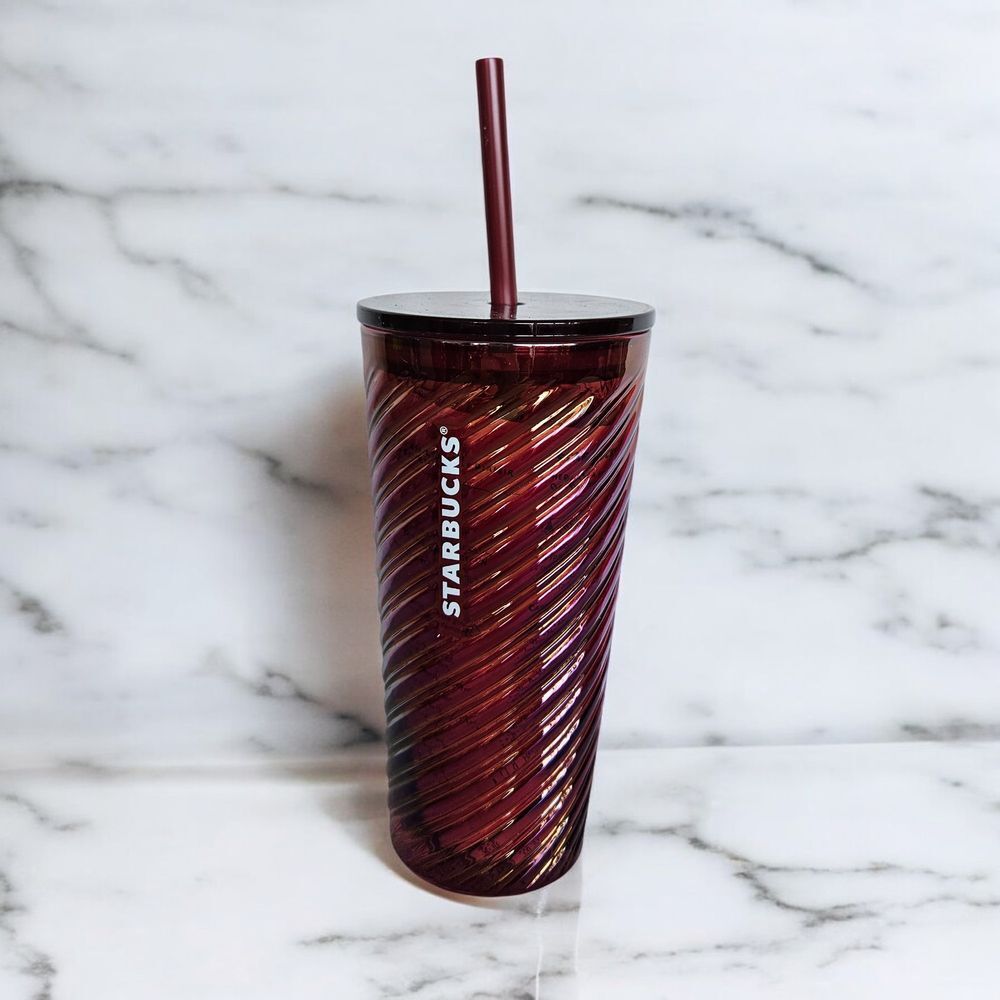 Starbucks Burgundy Swirl Metallic Spiral Design 18oz Glass Tumbler