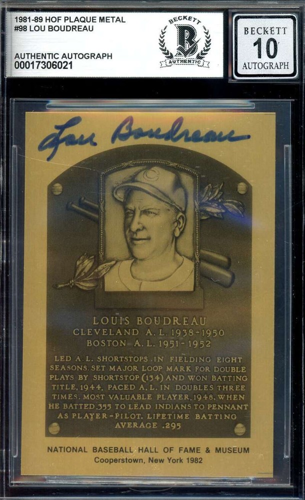 Lou Boudreau 1981 Hall of Fame Metallic Plaque Signed Beckett BAS Gem Mint 10