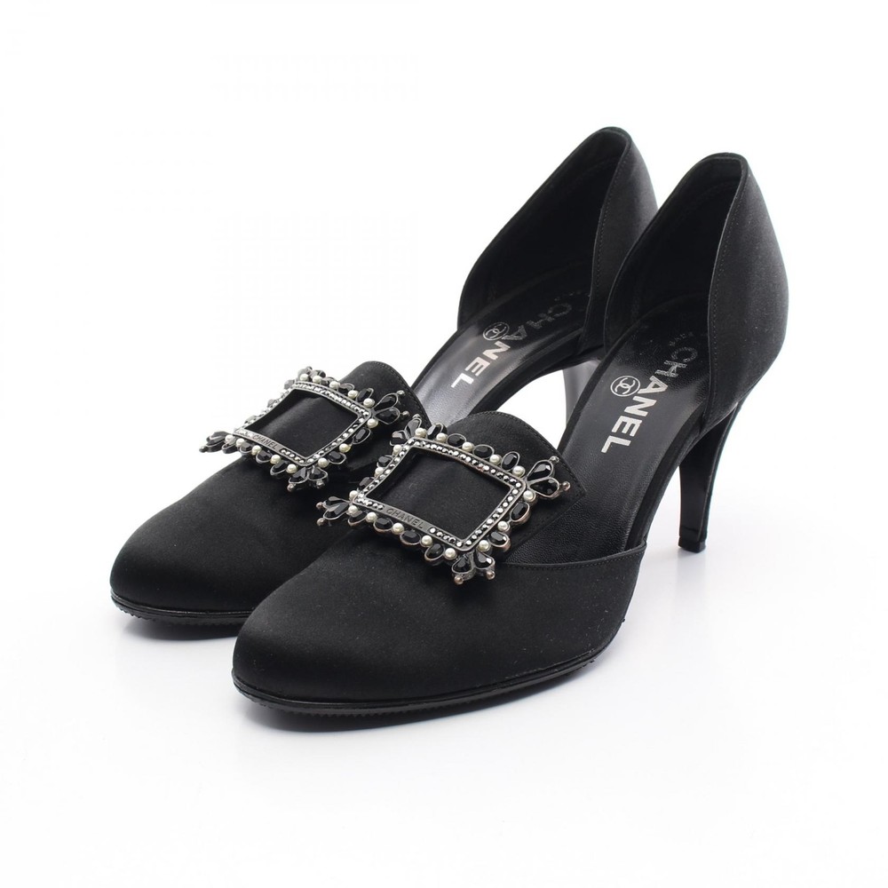 CHANEL pumps #37.5C shoes heels Fabric Black Used satin