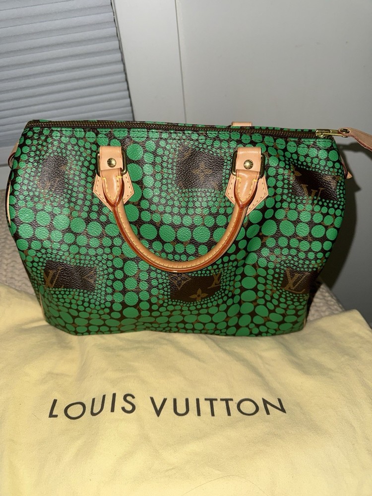 LOUIS VUITTON Limited Edition Green Yayoi Kusama Monogram Dot Town Speedy 30 Bag