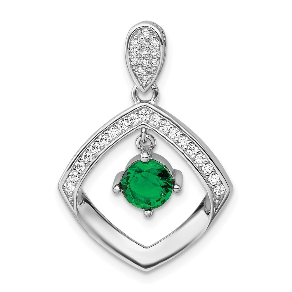 Sterling Silver Green Glass and Clear Cubic Zirconia Fancy Square Pendant 2.57gm
