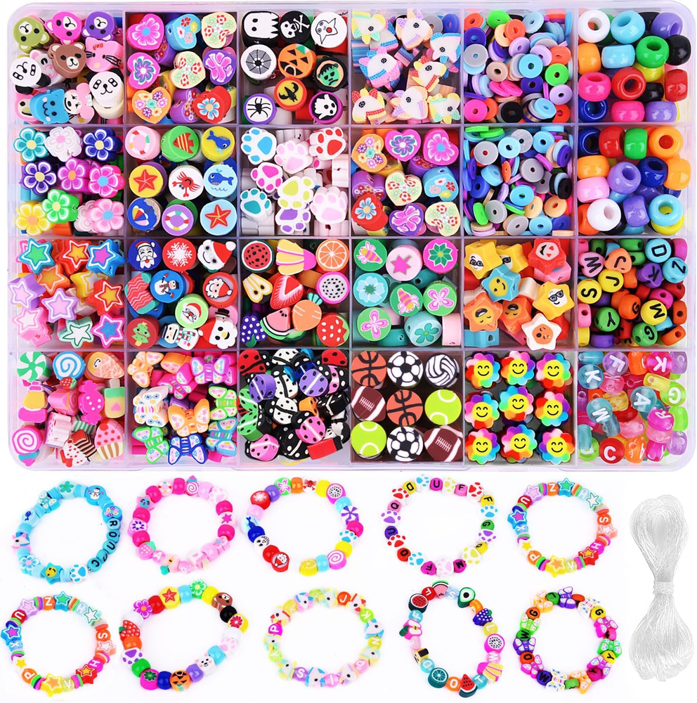 1000PCS Polymer Clay Beads Kit for DIY Bracelets - 24 Fun Fruit Floral Styles
