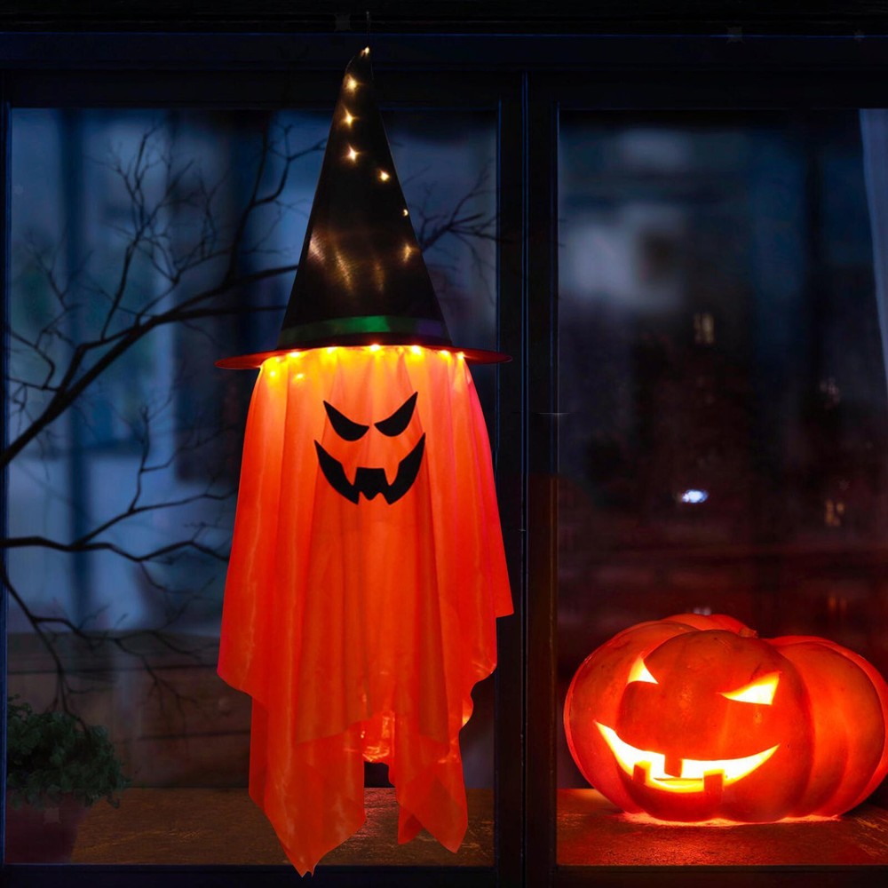 Large Orange LED Halloween Witches Hat Ghost Light for Indoor Outdoor Decor