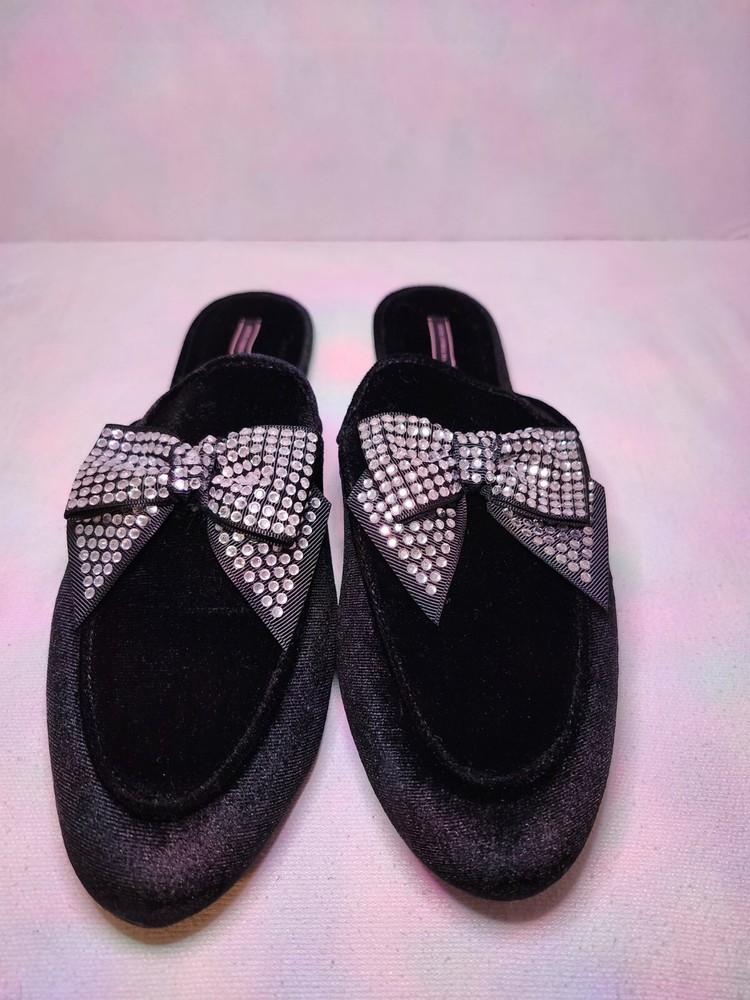 victoria's secret black velvet with rhinestone bows mule slippers