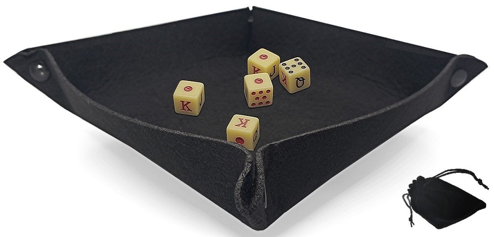 Dice Rolling Tray Folding Black Felt Mat + Spanish Poker Dice Bone Tone + Pouch