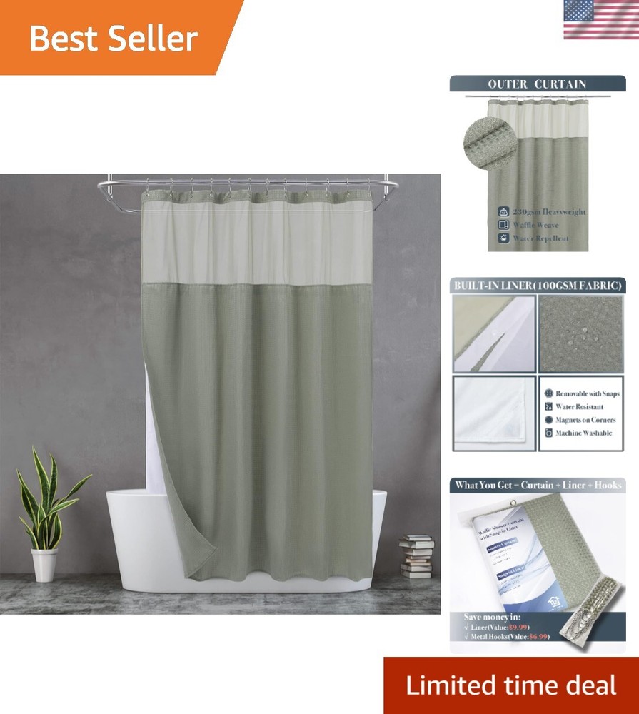 Waffle Weave Shower Curtain with Snap-in Fabric Liner & Hooks Set - Hotel Sty...
