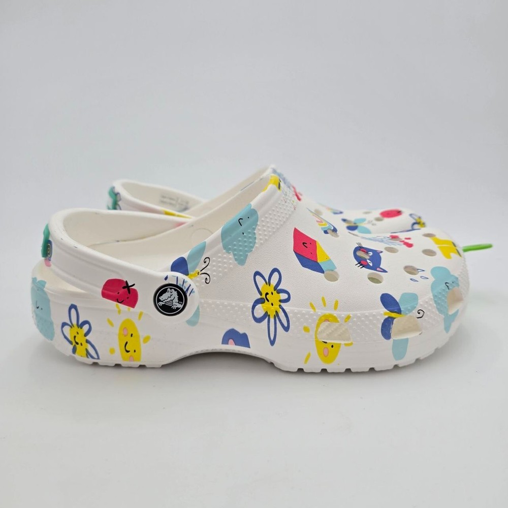 Crocs Classic Doodle Print Clogs Kid's Size 6 White Slip On Casual Comfort