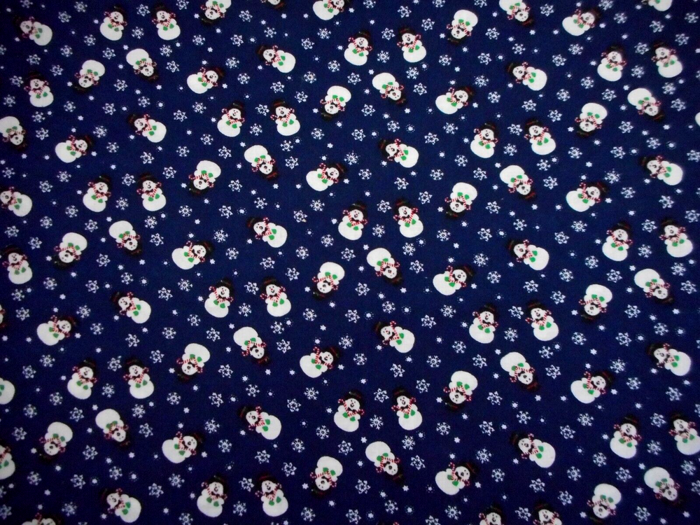 Christmas Fabric 1 3/4 Yard Sm Snowmen Snowflakes on Navy Blue Cotton #27 Vtg
