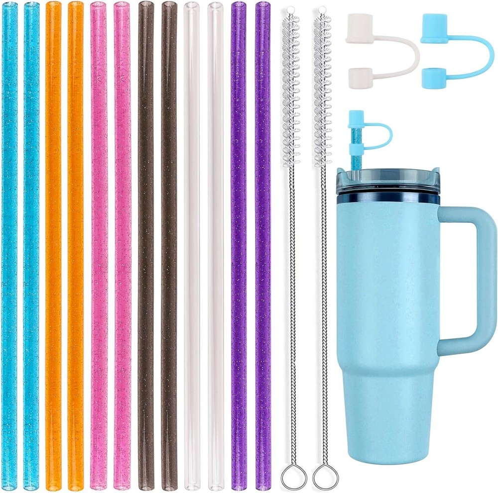 12 Pack Reusable Straws for 40oz & 30oz Tumblers with Cover & Cleaner Brush