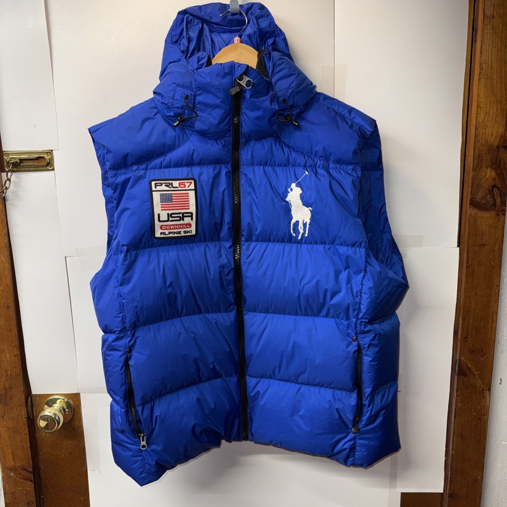 Polo Ralph Lauren Alpine USA Ski Vest Hooded Downhill Puffer Jacket Blue 2XL