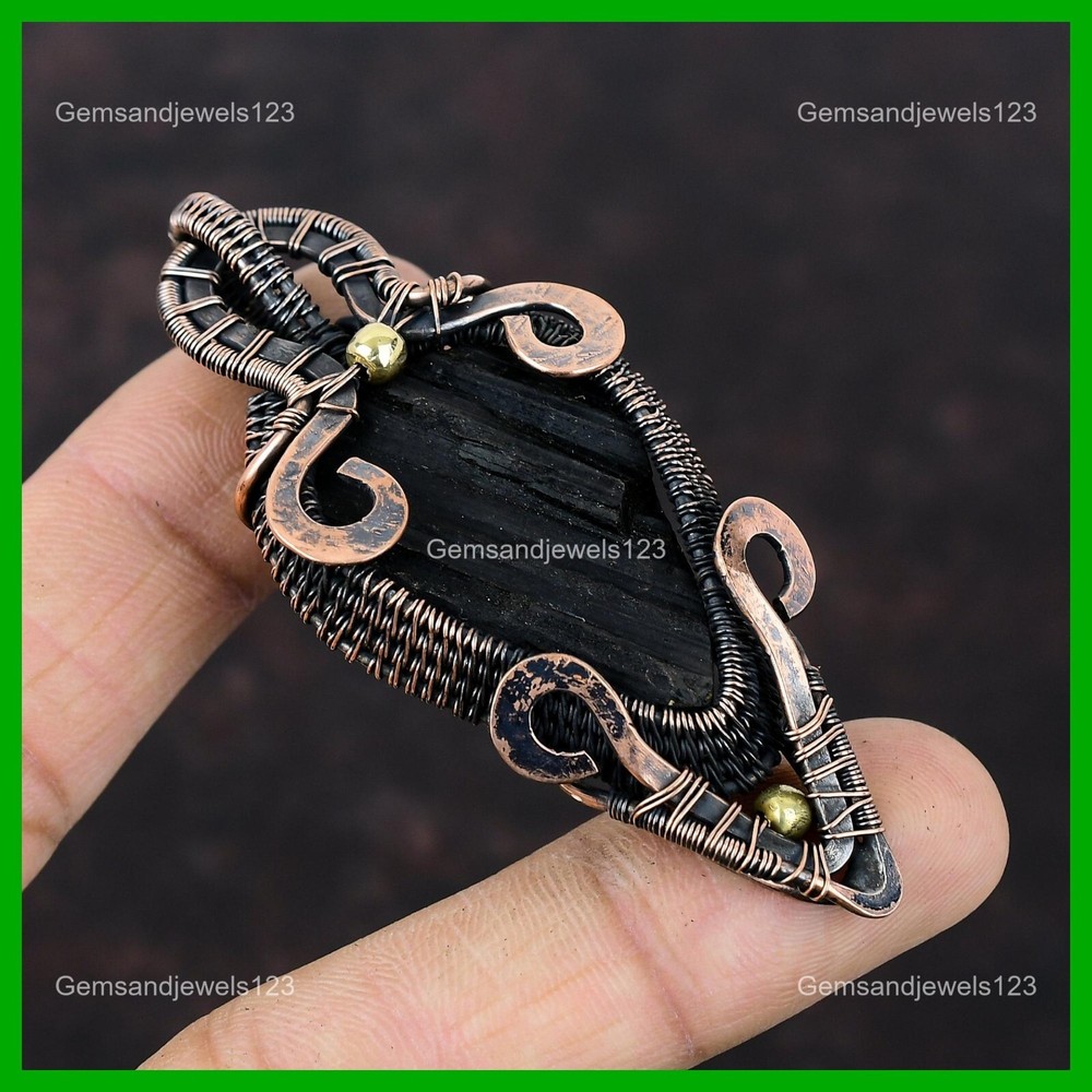 Mother's Day Sale Copper Pear Black Tourmaline Wire Wrap Pendant  -image