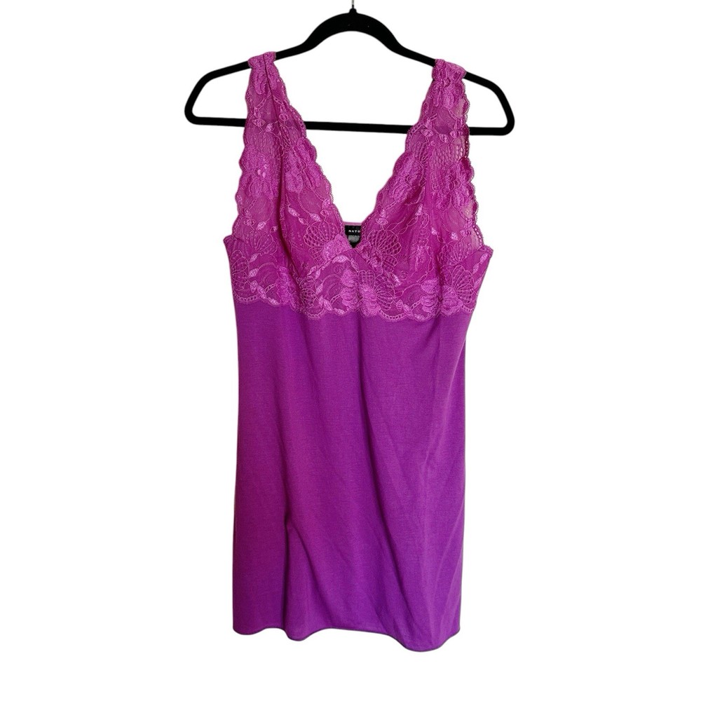 Natori ZEN Soft Modal Lace Magenta Purple Babydoll Chemise Slip Dress Nightie Lg