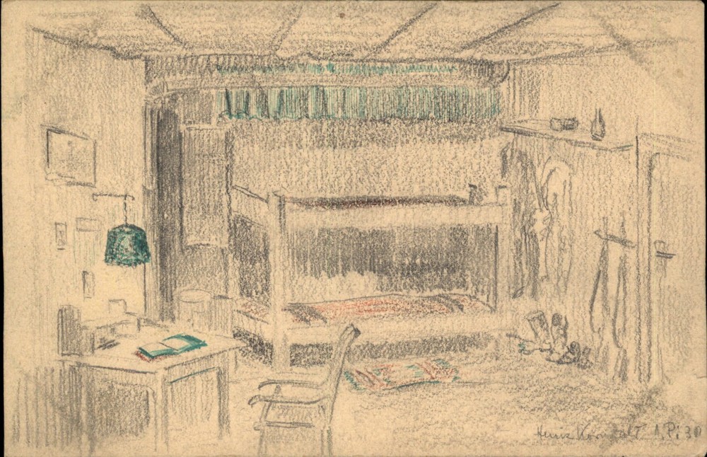 Hand Drawn Bedroom Konfelt Artist Pencil Drawing Vintage Postcard