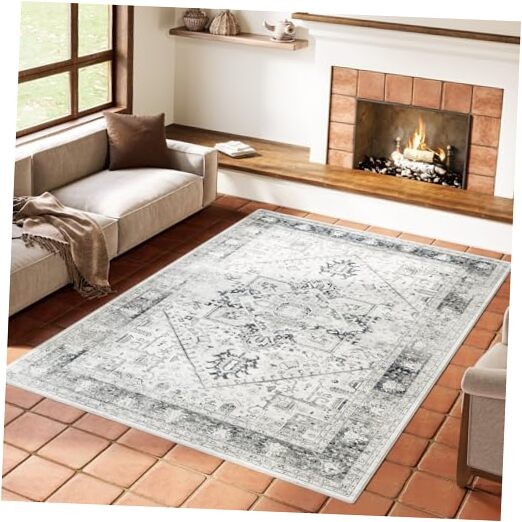 Vintage Traditional 8x10 Washable Low Pile Area Rug in Dark Gray