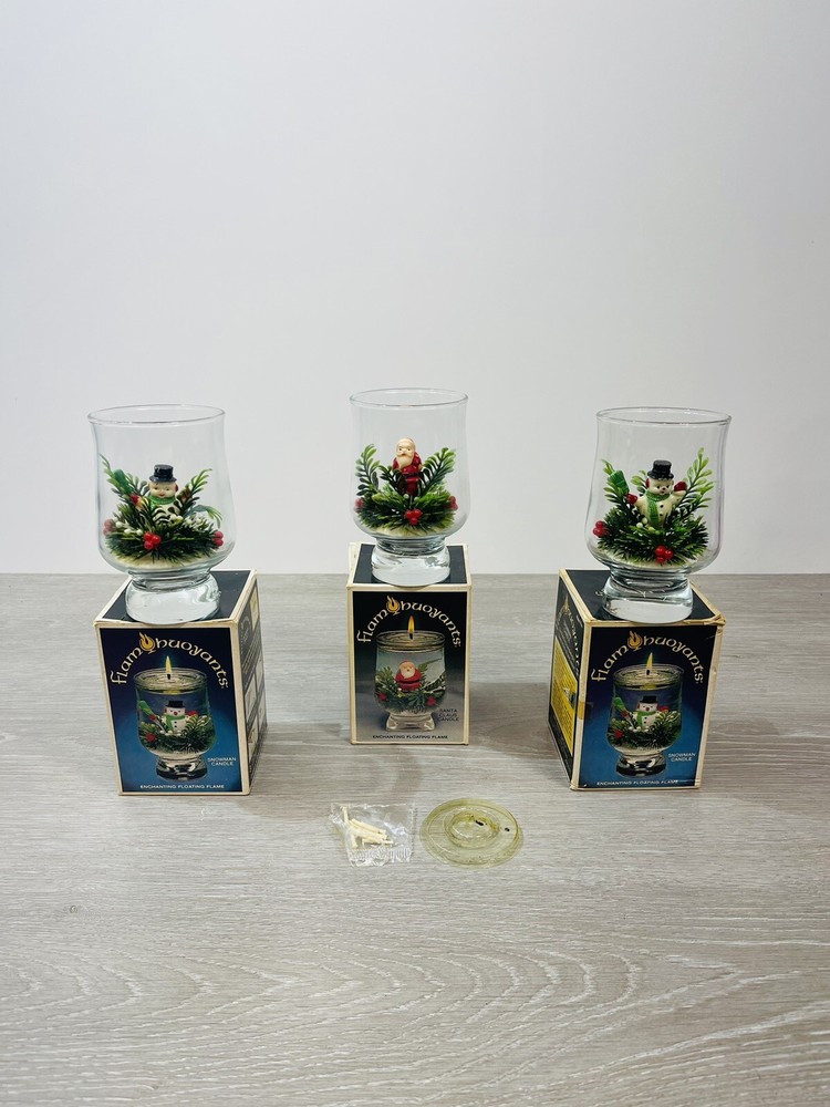 3 Flam Buoyants Vtg  Floating Flame Candle Kit Santa Claus Snowman Christmas