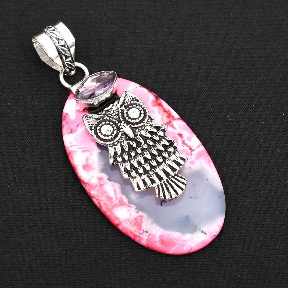 Dendrite Opal Amethyst Gemstone Handmade Owl Pendant Jewelry 2.88