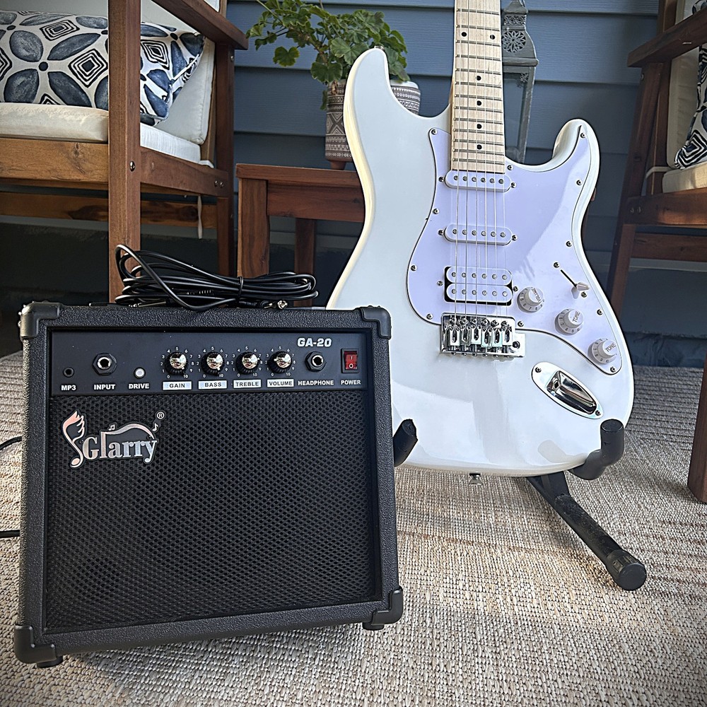 All-In-One White Electric Guitar Package with 20w Amp, Full-Size, H-S-S Pickups