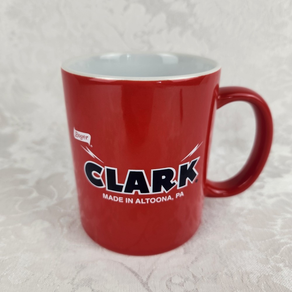 Clark Bar Candy Coffee Mug Cup Boyer Red Blue Made in Altoona PA
