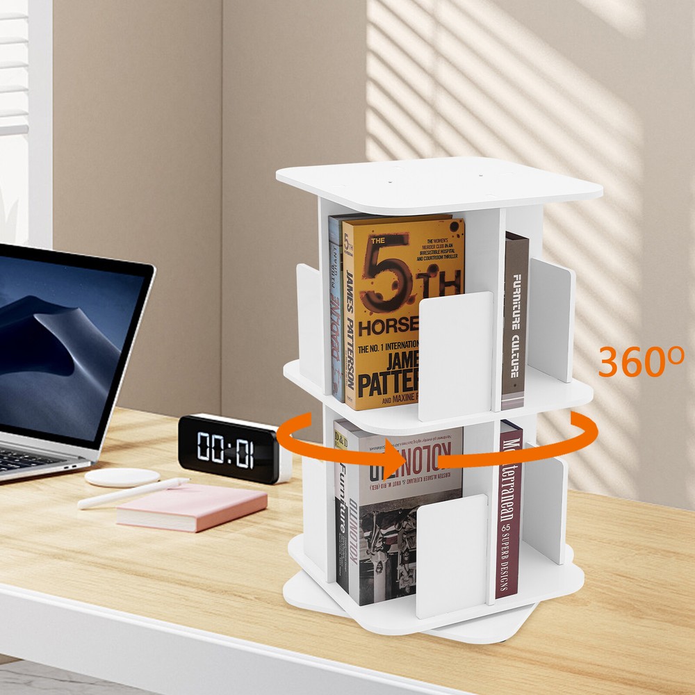 360° Rotating Bookshelf White 2 Tier Standing Bookcase Small Corner Bookcase