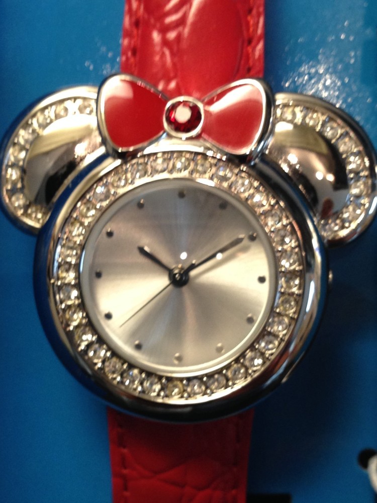 Disney Watch MINNIE MOUSE EARS Women Rhinestones 2 Leather Bands Red Black New