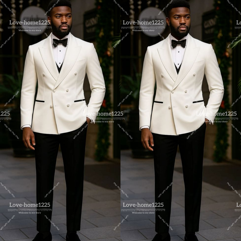 Wedding White Men's Suit Double Breasted Bridal Outfits Groom Tuxedo Jacket 2Pcs