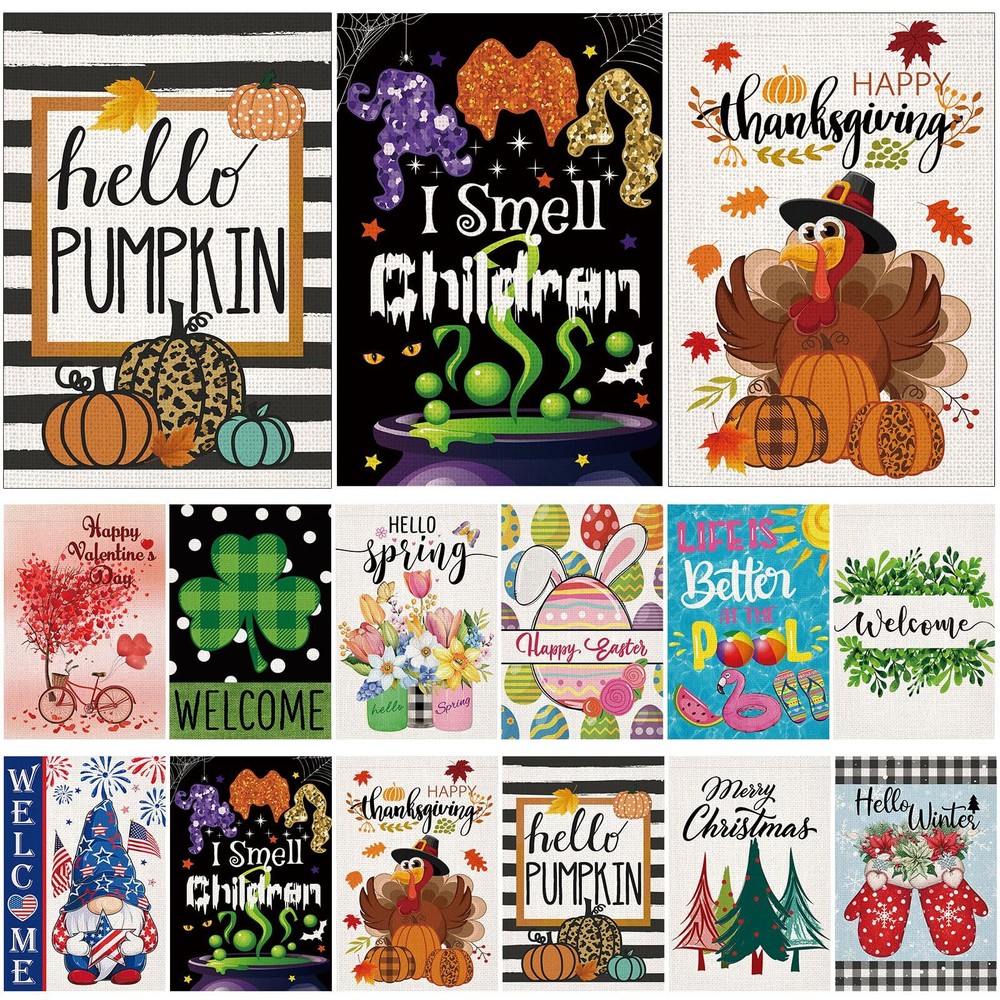 Seasonal Garden Flag Set of 12 Double Sided 12x18 Inch Burlap Holiday Yard Fl...-image