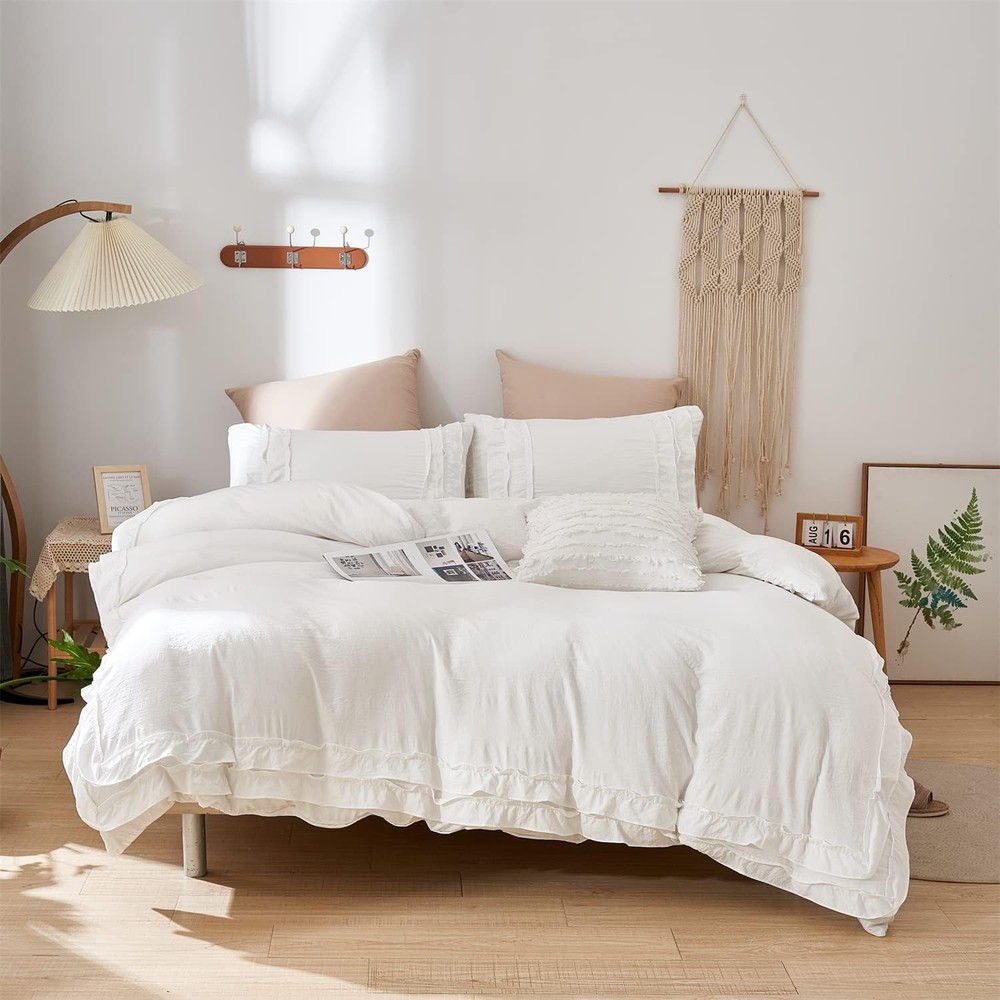 Lace Ruffle Duvet Cover 3 Pieces Bedding,White Queen Duvet Cover Set with 2 L...