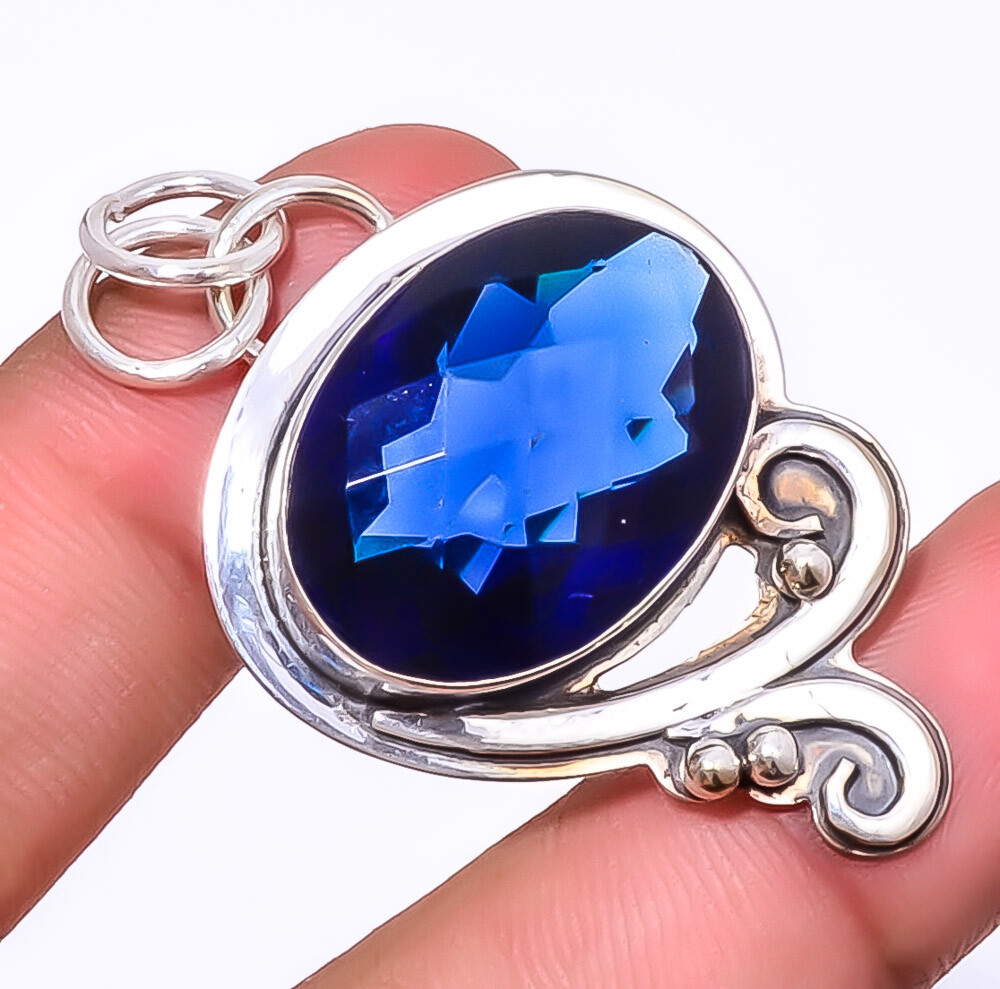 Blue Sapphire (Simulated) 925 Sterling Silver Jewelry Pendant 1.95