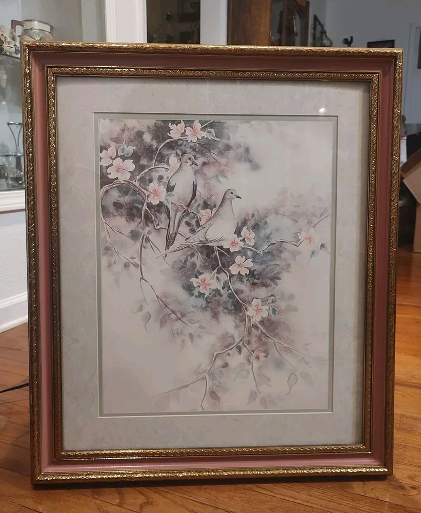Vintage Home Interiors Picture Doves And Dogwood Blooms Gold & Pink Frame *Rare